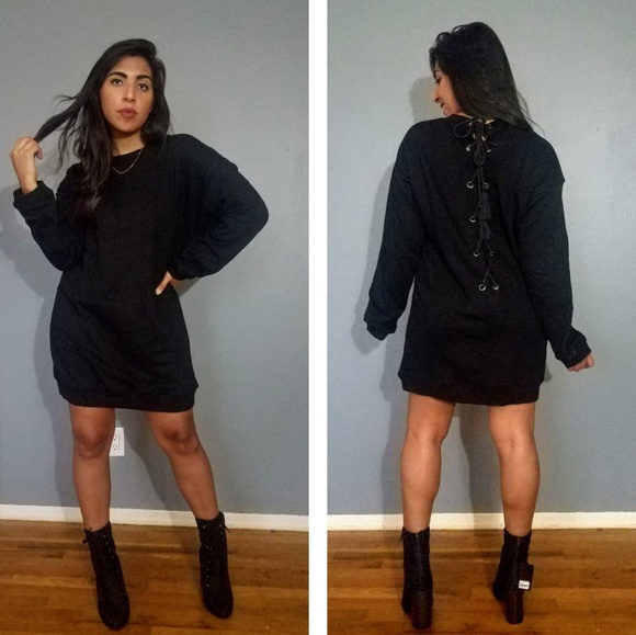 SPRING DEAL//BLACK LACE UP BACK SWEATER DRESS - Picture 2 of 5